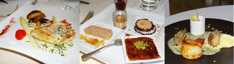 Quelques suggestions à la table des « Ducs » : Dos de sandre rôti à la poêle. Déclinaison de foie gras de canard. Assiette autour de la caille fermière de la Saône vosgienne. ©Bertrand Munier