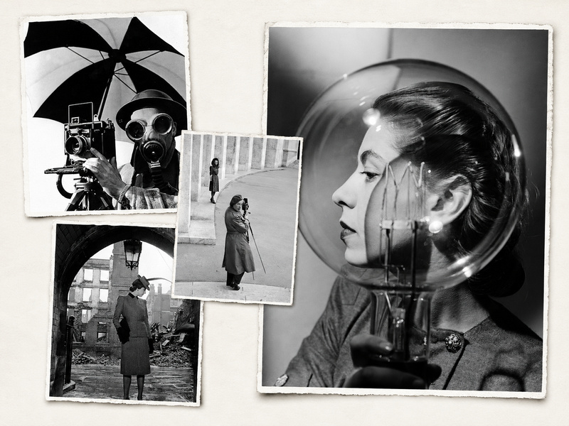 1- Photographe inconnu. Lee Miller avec son appareil lors d’une séance photo Schiaparelli pour Vogue. Lee Miller with camera on Schiaparelli fashion assignment for Vogue Musée d’Art Moderne, Paris 1945 © Lee Miller Archives England 2026. All Rights Reserved.  2- Lee Miller. Modèle avec ampoule. Model with lightbulb. Vogue studio, Londres vers 1943 © Lee Miller Archives England 2026. All Rights Reserved.  3- Lee Miller. Mannequin (Elizabeth Cowell) portant une tenue de Digby Morton Model Elizabeth Cowell wearing Digby Morton Suit Middle Temple, Londres 1941 © Lee Miller Archives England 2026. All Rights Reserved.  4- Lee Miller. Le photographe David E. Scherman habillé pour la guerre David E. Scherman, dressed for war Dean House, 4 Dean Street, Londres 1942 © Lee Miller Archives England 2026. All Rights Reserved.