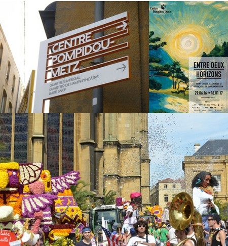 En haut de gauche à droite : En direction du Centre Pompidou-Metz © Ruedi Baur; Affiche de la nouvelle exposition © Centre Pompidou Metz; En bas : Fêtes de la mirabelle © Ville de Metz. En haut de gauche à droite : En direction du Centre Pompidou-Metz © Ruedi Baur; Affiche de la nouvelle exposition © Centre Pompidou Metz; En bas : Fêtes de la mirabelle © Ville de Metz.