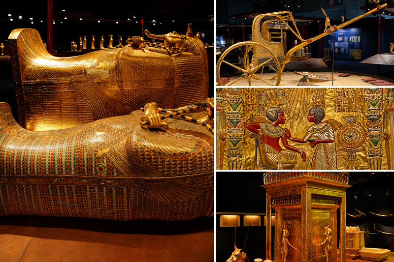 Les trésors de Toutânkhamon. À gauche, deux des trois sarcophages emboîtés qui protégeaient la dépouille du pharaon. En haut à droite, l’un des six chars retrouvés dans la tombe, avec ses roues à rayons et ses décors évoquant la chasse et la bataille. Au centre, détail du dossier du trône en bois recouvert d’or : Ankhsenamon parfume l’épaule de Toutânkhamon, qui pose la main sur son genou, rare scène d’intimité dans l’iconographie pharaonique. En bas, le coffre-chapelle destiné aux vases canopes, protégé sur ses quatre côtés par les déesses tutélaires des morts.  Crédits photos : sarcophages © Theodor Oskar Krath ; char et détail du trône © P. Geraud ; coffre-chapelle