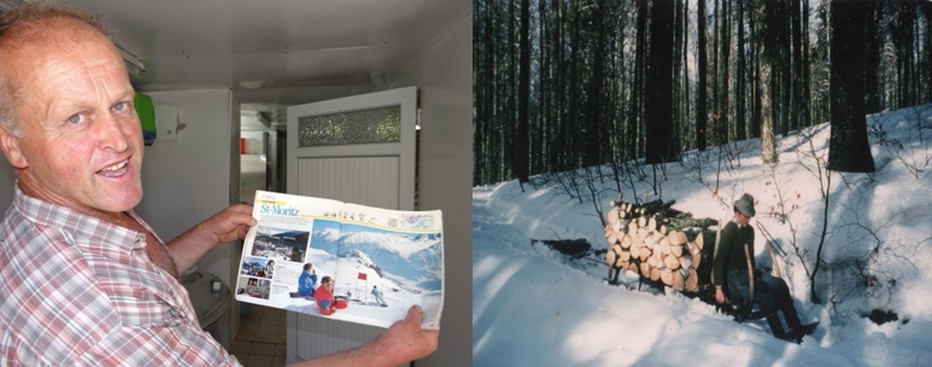 Jean-Michel Curien très fier de présenter une plaquette du Club Méditerranée lors de la saison hivernal 1987-1988 à Saint-Moritz (Suisse) alors qu’il était moniteur de ski (combinaison rouge). ©Bertrand Munier; L’hiver venu, Jean-Michel Curien se mue en bûcheron pour débarder du bois à l’aide d’une schlitte… comme au cours de cet hiver 1980. ©Bertrand Munier