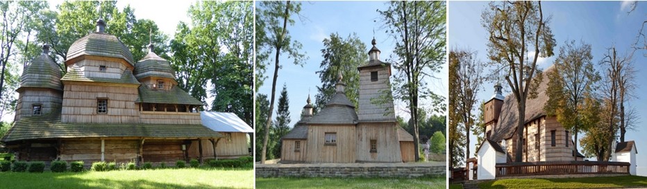 De gauche à droite : Eglise de Chottyniecet sa galerie extérieure © Catherine Gary;Eglise de Baluucianka © Catherine Gary; Eglise de Blizne © O.T.Pologne