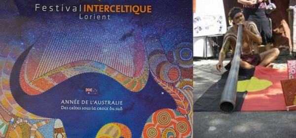 L'Affiche du Festival Interceltique de cette 46 ème édition rend hommage à l'Australie, le pays invité.© www.festival-interceltique.bzh; Joueur de didgeridoo, instrument traditionnel aborigène; L'Affiche du Festival Interceltique de cette 46 ème édition rend hommage à l'Australie, le pays invité.© www.festival-interceltique.bzh; Joueur de didgeridoo, instrument traditionnel aborigène;