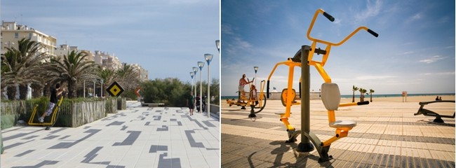 Le "Baladoir"  une promenade très stylée, conçue dans les années 80 par Vasarely, le pape de l’art cinétique qui vous mène aux jeux bordant la plage pour finir au port de Plaisance du Canet en Roussillon. © Catherine Gary et OT Canet-en-Roussillon