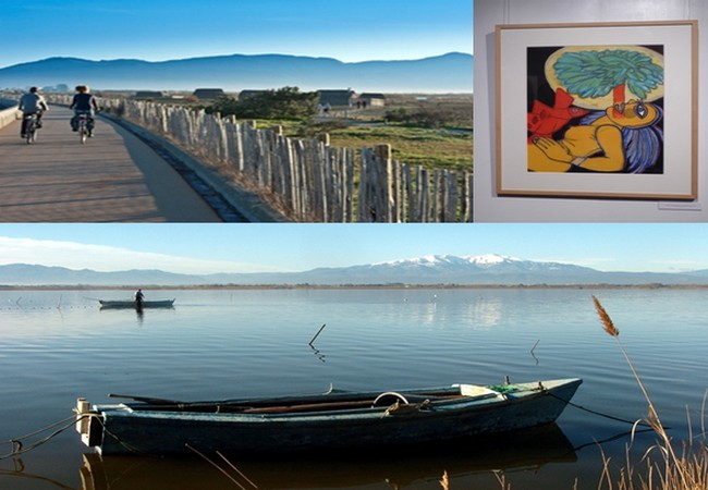 Tout le plaisir d'un séjour au Canet-Roussillon, promenade à vélo dans un paysage somptueux, voir une exposition à la "Galerie des Hospices, ou aller pêcher sur l'immense étang. © OT Le Canet-en-Roussillon et Catherine Gary