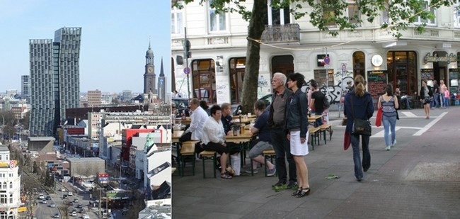 Le quartier de  Reeperbahn et Sankt Pauli et celui de Landungs-Brucken qui alignent terrasses de cafés, restaurants, snacks et crêperies. © Richard Bayon