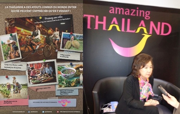 De gauche à droite : Affiche de lancement des nouvelles niches touristiques en Thaïlande    © Office National du Tourisme de Thaïlande; Madame Juthaporn Rerngronasa, gouverneur du tourisme de la Thaïlande lors du salon IFTM Top Résa 2016 à Paris  © Lindigomag