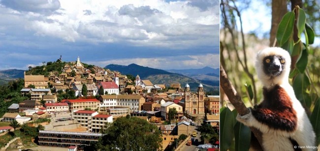 De gauche à droite : Vieille ville de Fianarantsoa © ONTM ; Zahamena avec orchidées et lémuriens.  © Yann Menguy