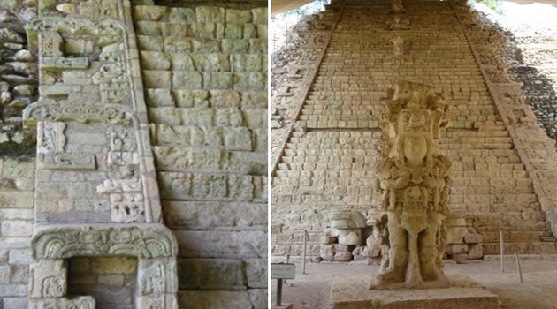 Au centre de l’Acropole, une structure pyramidale dresse son escalier hiéroglyphique étonnamment conservé, l’une des plus remarquables réalisations mayas.  © Catherine Gary Au centre de l’Acropole, une structure pyramidale dresse son escalier hiéroglyphique étonnamment conservé, l’une des plus remarquables réalisations mayas.  © Catherine Gary