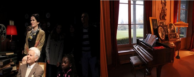 De gauche à droite : Au manoir, séance photo en compagnie d'une visiteuse. © Ph. Degon ; Dans le salon du manoir, le piano sur lequel joua Clara Haskil.  © Ph. Degon