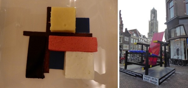 De gauche à droite : Un dessert façon Rietveld © Catherine Gary; Contrastes majeurs à Utrecht  avec la chaise en bois rouge et bleu qui va devenir un succès international avec en arrière plan  la cathédrale.  © Catherine Gary
