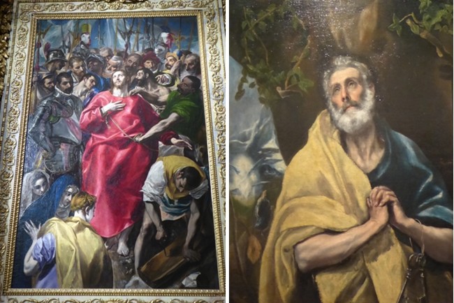 De gauche à droite : Le partage de la tunique du Christ Le Gréco - Sacristie de la cathédrale de Tolède - ;Saint Pierre peint par Le Greco   © Catherine Gary