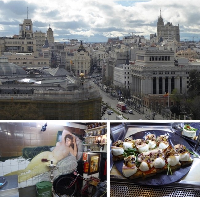 Vue d'en haut sur Madrid © O.T. Espagne; Maja nue au Bar Los Gatos; Los Gatos pour son décor et ses tapas. © Catherine Gary