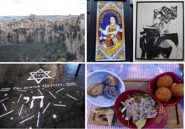 En haut de gauche à droite : La ville perchée de Cuenca ; Posada Madrid ; Chillida au Musée d'Art Abstrait Espagnol. En bas de gauche à droite : On se repère la nuit dans le quartier juif; Restaurant Hacienda del Cardenal ; © Catherine Gary En haut de gauche à droite : La ville perchée de Cuenca ; Posada Madrid ; Chillida au Musée d'Art Abstrait Espagnol. En bas de gauche à droite : On se repère la nuit dans le quartier juif; Restaurant Hacienda del Cardenal ; © Catherine Gary