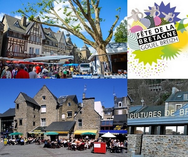 En haut à gauche jour de marché à Saint-Brieuc. En bas à gauche les cafés et restaurants bordent les hautes maisons traditionnelles bretonnes de Saint-Brieuc. Crédit photos Tourisme Bretagne.