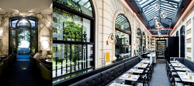 Au Café Artcurial  sous la longue verrière aux murs de pierre et de briques dessinée par Charles Zana, les tables en marbre de Carrare accueillent les convives  © www.cafeartcurial.fr