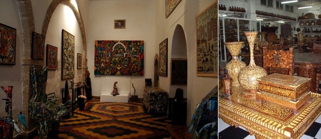 De gauche à droite : La célèbre Galerie Damgaard à Essaouira ; Un art ancestral, la marqueterie en bois de thuya  incrustée d’ébène, de citron et de nacre, mais également d’os de chameaux et d’ivoire© O.T. Maroc