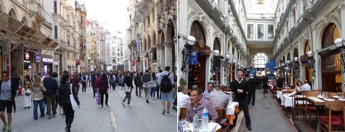 De gauche à droite : artère piétonne du quartier Pera; Un restaurant couvert dans les passages....  © C.Gary