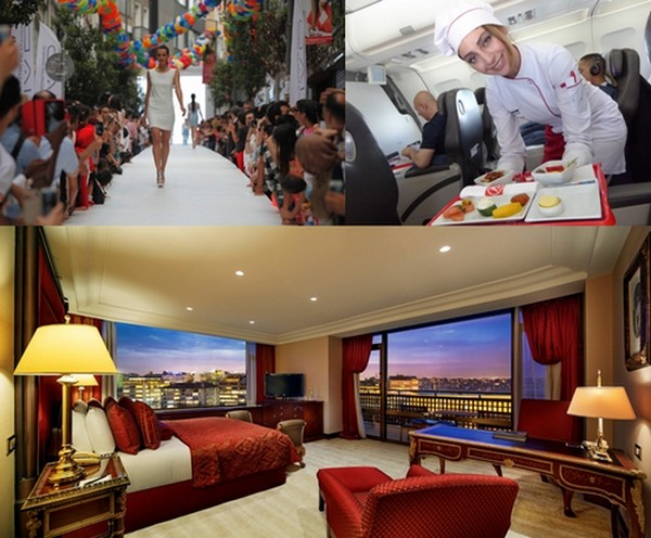 De gauche à droite : 7è édition de Istanbul Shopping Fest; Une hôtesse de la  Atlas Global Airlines; en bas : Une suite  au Hilton Istanbul Bosphore. © DR © C.Gary