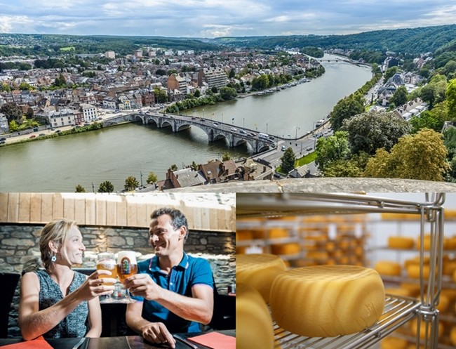 De haut en bas : Panorama de la ville de Namur (Belgique) (c)WBT-J.P.Remy; A Saint-Hubert LaTableDesChampions-Biere (c)WBT-BrunoDalimonte; Fromage du Village de Chimay (c)WBT-JLFlemal