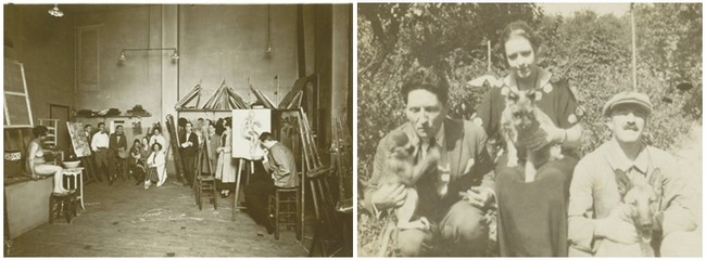 De gauche à droite, Fernand Léger et le critique d'art Maurice Raynal en visite dans l'atelier du peintre rue Notre-Dame des Champs à Montparnasse vers 1930. Crédit photo D.R. Maurice Raynal, Germaine Raynal et Fernand Léger à la campagne aux prises avec une drôle de ménagerie. Crédit photo D.R.