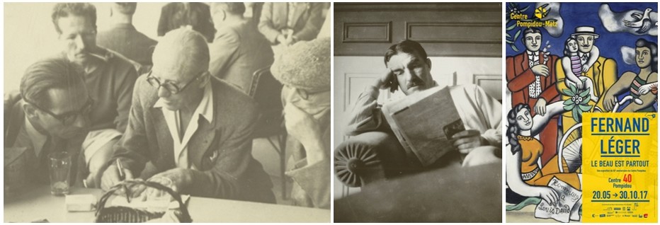 De gauche à droite,  l'architecte Le Corbusier dessinant. Crédit photo D.R.Le peintre Fernand Léger lisant sont journal. Crédit photo D.R.