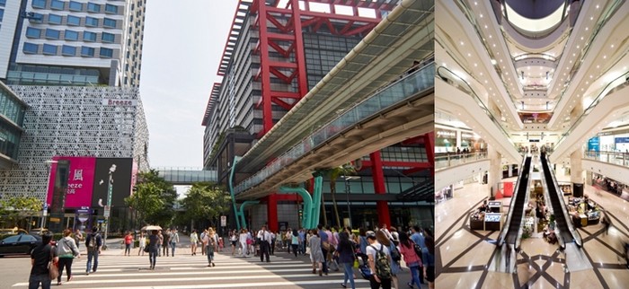 De gauche à droite : Xinyi Quartier commerçant de Taipei; Centre commercial de la Tour 101 de Taïpei © C.Gary