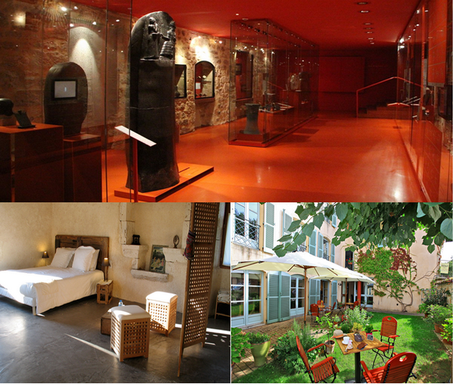 En haut :  Musée de Champollion ; Lou Repaou, chambre d'hôtes; Hôtel 14, Figeac ,le jardin © Lot Tourisme