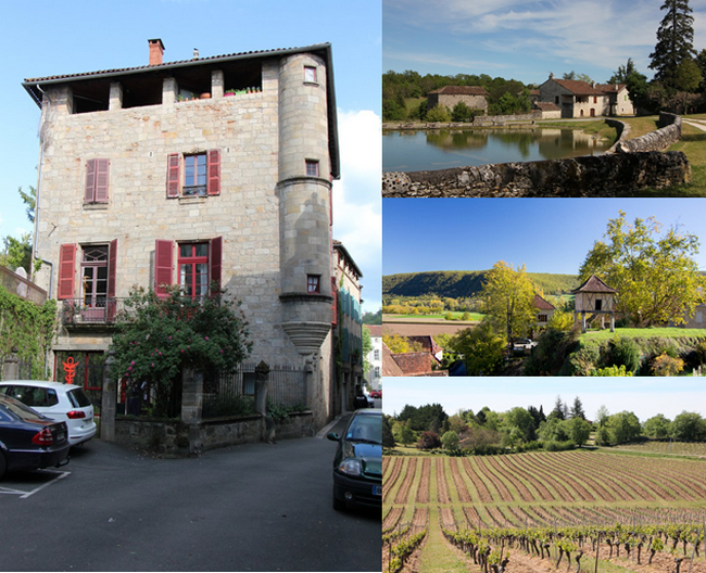 De gauche à droite : Figeac, maison de Galiot de Genouillac. XIVe-XVIIIe siècles ; Aujols, au bord du lac, au fond, lavoits dits papillon; Pigeonnier à Larroque ; Vignoble sur les causses; © Lot Tourisme Novello