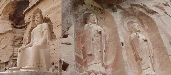 Le site de Bingling avec 183 grottes creusées à même la falaise. A l’intérieur, 700 statues bouddhiques de pierre et d'argile, des centaines de fresques en partie épargnées par l’érosion et un Bouddha Maitreya de 27 mètres .© Catherine Gary