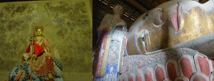 A  l'intérieur du temple parmi les fresques et les nombreuses statues, on peut admirer le grand bouddha couché Sakyamuni, un géant polychrome du XIè siècle.   © Catherine Gary