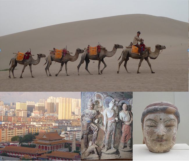 La caravane sur la route de la Soie; Le Temple de Confucius; Statues à Mogao; Oeuvre du musée de Lanzhou   © Catherine Gary