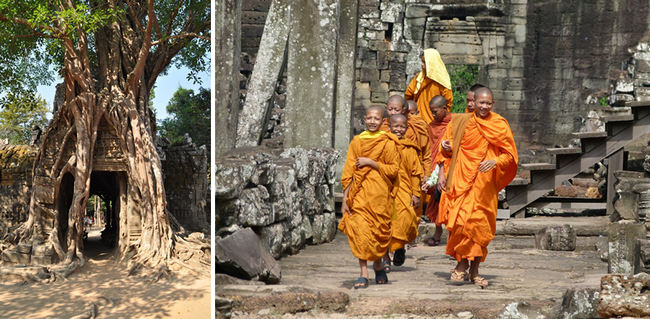 Angkor sommeille depuis des siècles sous la garde des racines aériennes de sa forêt tropicale  et sous la protection des nombreux moines boudhistes qui déambulent dans les ruines. © Lindigomag/Pixabay