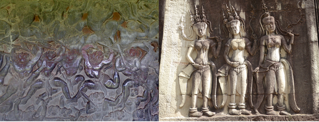 Parmi les bas reliefs : les combats des Pandavas pour leur souveraineté, à la hauteur des récits d’Homère et les danseuses sacrées, les divinités parées de bijoux et de coiffures élaborées .© C.Gary