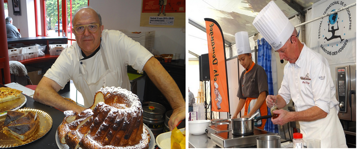 De gauche à droite : Célèbre et emblématique pâtisserie alsacienne, le kouglof trouva grâce auprès des festivaliers par l’intermédiaire du traiteur vosgien François Gremillet.  ©Bertrand Munier; ) Professeur de pâtisserie au lycée hôtelier Jean-Baptiste-Siméon-Chardin de Gérardmer (88), où jadis le triple étoilé Frédéric Anton apprit l’abécédaire de son métier, Serge Pierrel donna de son temps pour une démonstration de Panna cotta au thé du Cap et à la figue. ©Bertrand Munier