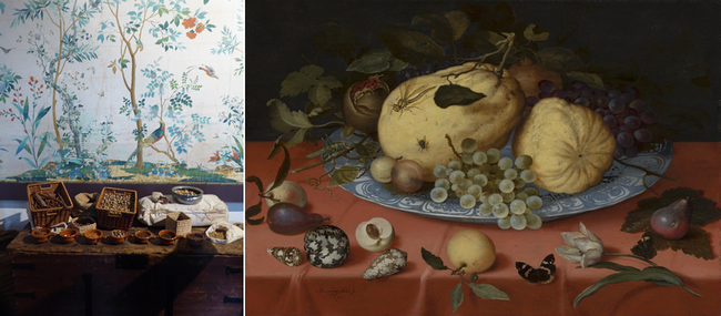 De gauche à droite : Epices commercées par la Compagnie néerlandaise des Indes orientales Copyright Musée de Hoorn ; Balthasar van der Ast, Stilleven met schelp en tulp, 1620, Mauritshuis Copyright C.Gary