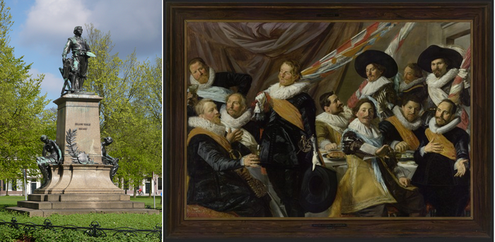 De gauche à droite : Statue de Frans Hals au Florapark à Haarlem;    Frans Hals Banquet des Officiers de la garde civique de St Georges Musée F H Copyright Musée de Hoorn
