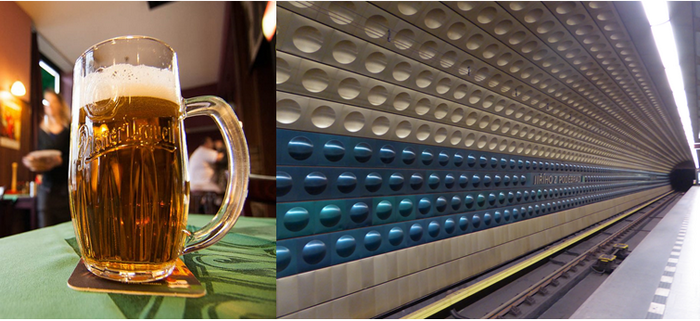 De gauche à droite :  Détente dans les bars de  la rue Bořivojova, pour une bière artisanale à 1 euro la pinte (Copyright DR);   Effet cinétique dans le métro. (Copyright C.Gary) De gauche à droite :  Détente dans les bars de  la rue Bořivojova, pour une bière artisanale à 1 euro la pinte (Copyright DR);   Effet cinétique dans le métro. (Copyright C.Gary)