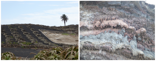 De gauche à droite : Cultures protégées par des murets et du picon ;  Effets de l'érosion Route des volcans (Copyright C.Gary)