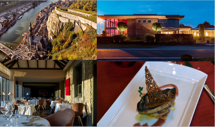 De gauche à droite : vue aérienne de Dinant (copyright WBT S.Wittenbol); Espace Medissey (Copyright Antoine Melis); Maison Lemonnier et le restaurant l'Eau Vive dirigé par le célèbre chef Resimond (photos David Raynal)