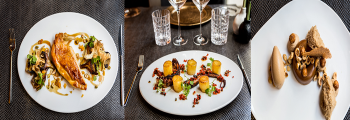 De gauche à droite : Blanc de poularde de la ferme ; Poulpe à la Gallega ;  Praliné d'automne. (Crédit photo hotelbanke.com)