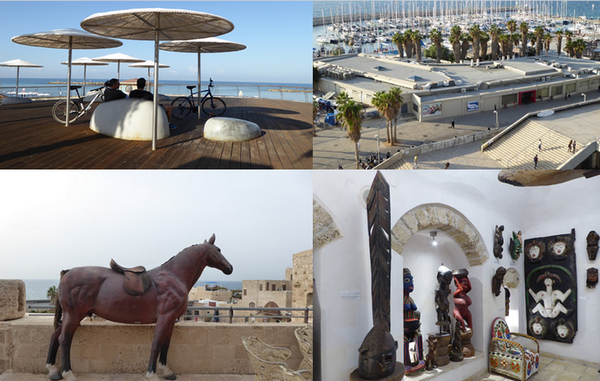 En haut de gauche à droite: Promenade sur la mer ; Vue de l'hôtel Herod; En bas de gauche à droite : Sur la terrasse de la maison-musée d'Ilana Goor ; Collection africaine dans la maison-musée de la sculptrice Ilana Goor. (Copyright C.Gary)