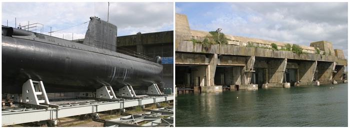 De gauche à droite : Sous Marin Flore à visiter ; Bunkers de la Base de sous marins (vestiges très bien conservés car indestructibles) © Richard Bayon