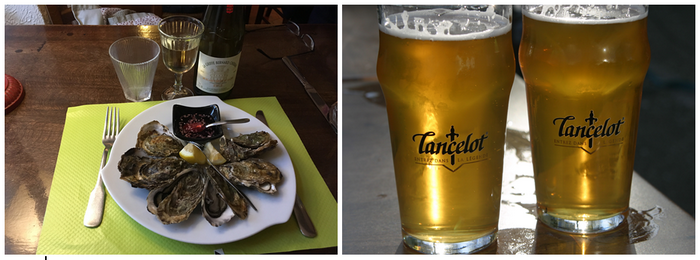 De gauche à droite : A déguster sans modération Huitres du Golfe du Morbihan ; Et boire avec modération Bière Lancelot de Bretagne (Morbihan) au pub « AR ROUE MORVAN » © Richard Bayon