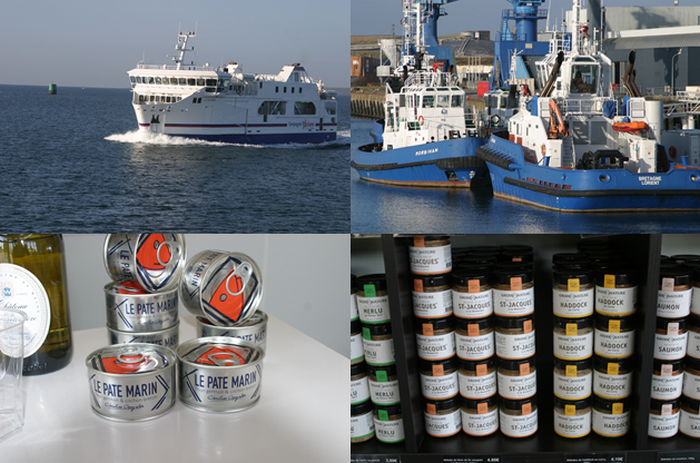 En haut de gauche à droite :   Départ en Ferry pour l île de Groix ; Remorqueurs dans la rade de Lorient. En bas de gauche à droite : : Conserves de GROIX & NATURE. © Richard Bayon