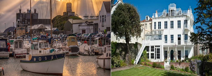 De gauche à droite : Le port de St Sampson. La ville de St Peter abrite sur ses hauteurs la maison de Victor Hugo, Hauteville House. Copyright visitguernesey