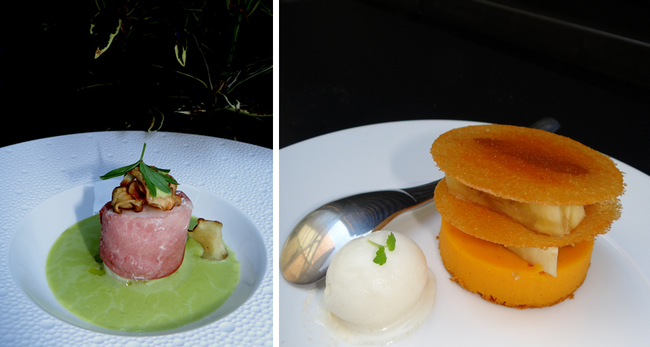 Le mariage entre terre et mer est sublimé par le médaillon de lotte au bacon. ©Bertrand Munier ;  Légères et parfumées, ces strates de patates douces au rhum sont rehaussées d’une délicate huile de noix glacée. ©Bertrand Munier Le mariage entre terre et mer est sublimé par le médaillon de lotte au bacon. ©Bertrand Munier ;  Légères et parfumées, ces strates de patates douces au rhum sont rehaussées d’une délicate huile de noix glacée. ©Bertrand Munier