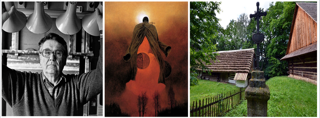 De gauche à droite  : l'Artiste Zdzislaw Beksinski,originaire de Sanok et l'une de ses oeuvres intitulée  " Dieu de la mort lune ". Le parc ethnographique de Sanok s'étend sur une superficie de 38 hectares. Crédit photos D.R. et David Raynal.