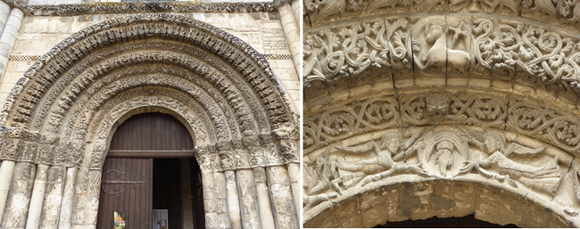De gauche à droite : Le porche de style roman saintongeais de l'abbatiale Sainte Marie.  © C.Gary ;  Détail du porche. La main de Dieu entourée d'anges.   © C.Gary