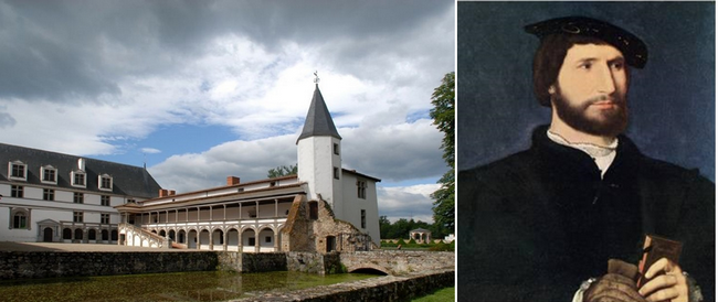 De gauche à droite : La balade de Céladon près du château de la Bâtie d'Urfé et le portrait de son propriétaire Claude d'Urfé. © Wikipédia-Commons.org
